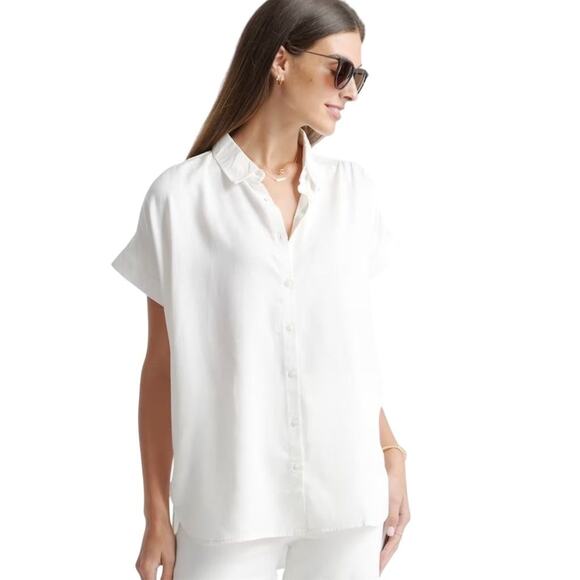 Quince Tops - Fair Damaged Quince Women's White Button-Up Camp Shirt Large Short Sleeve 2580-Q